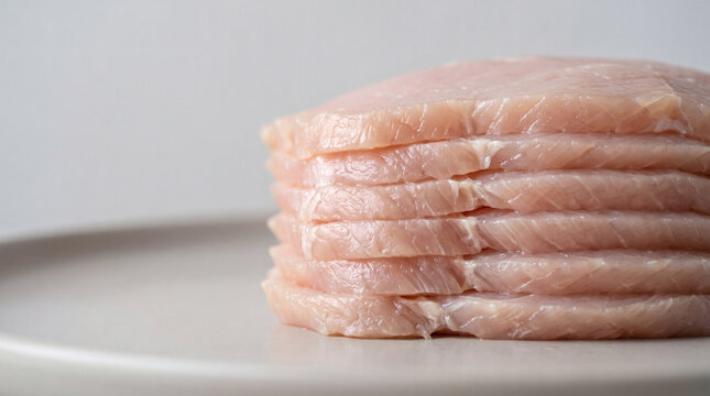Stack of raw chicken breast cutlets on plate