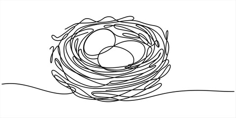 Naklejka premium Minimalist bird nest with eggs in continuous single line art style representing family warmth and nature preservation vector design.