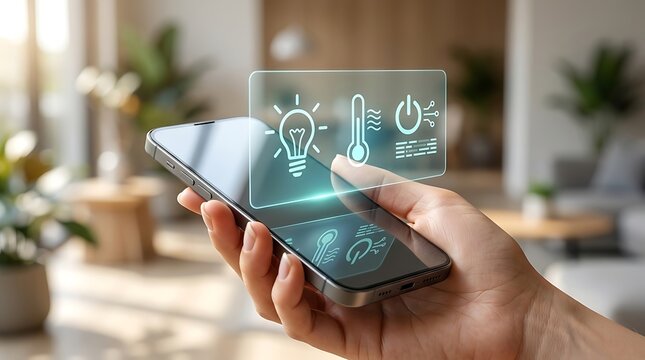 Smart Home Automation App on Smartphone with Digital Interface Icons in Modern Living Room