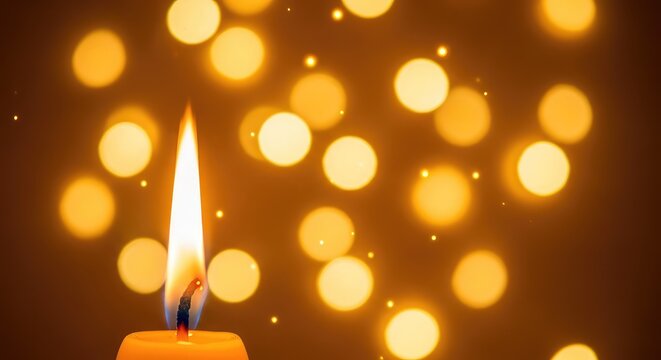 A solitary candle flame glows brightly against a soft background of golden bokeh lights, creating a warm, peaceful, and cozy atmosphere, decorative, still life, soft
