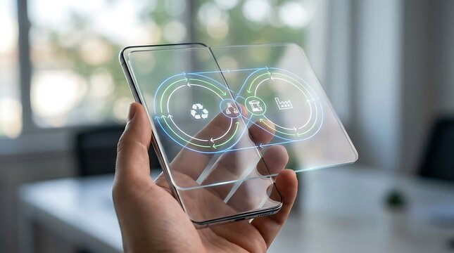 Circular Economy Concept With Hand Holding Transparent Smartphone Showing Recycling Icons