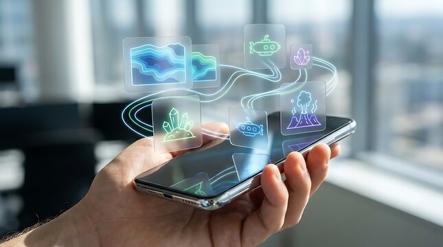 Augmented Reality Interface on Smartphone Displaying Holographic Travel and Nature Icons