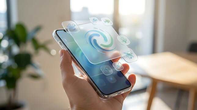 Augmented Reality Interface on Smartphone Screen with Holographic Icons in Modern Office