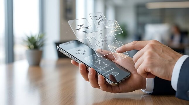 Digital Logistics App Interface on Smartphone with Holographic Supply Chain Icons in Modern Office