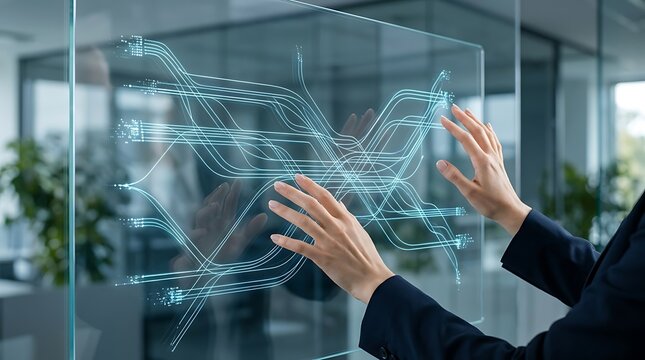 Futuristic Digital Interface With Glowing Blue Data Lines Touched By Businesswoman Hands