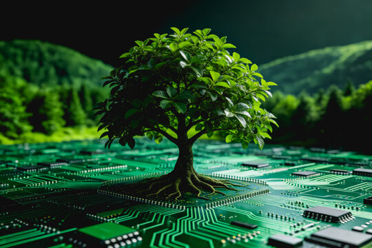 A lush green tree grows with its roots on a green electronic circuit board, blending nature and technology.