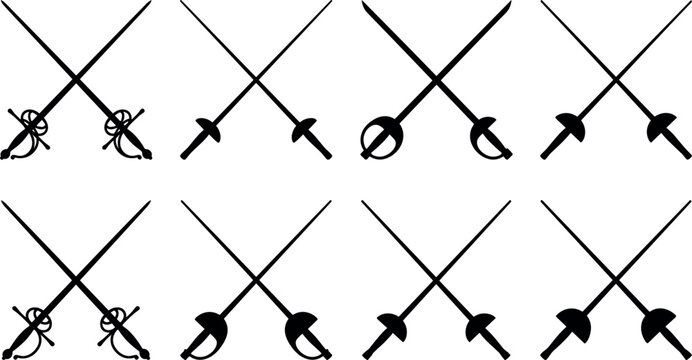Crossed Fencing Foils and Rapier Swords Black Silhouette Collection Representing Dueling Sport Combat Medieval Weapons and Crest Vector Illustration