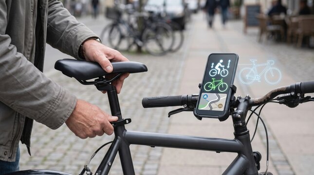 AI Travel Planning Mobile App concept. Man adjusting bicycle seat with navigation app on phone mounted on handlebars