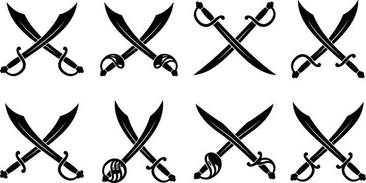 Crossed Pirate Cutlass Sabers and Curved Naval Swords Black Silhouette Collection Representing Maritime Warfare Battle Crest Vector Illustration