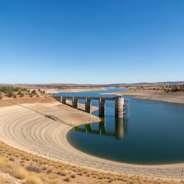 Dry reservoir with concrete bridge under clear blue sky.