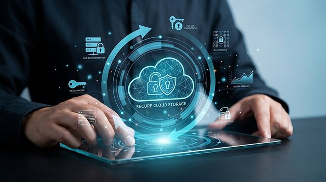 Secure Cloud Storage Concept With Businessman Using Digital Tablet and Cyber Security Interface