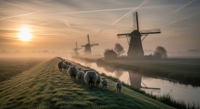 Dutch windmills at sunrise with sheep grazing by canal.