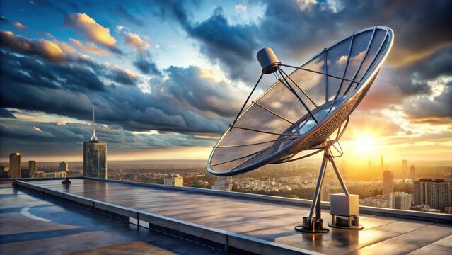 Satellite Dish on Rooftop Against Stunning City Sunset View