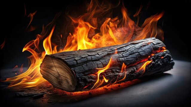Glowing Burning Log with Flames in Dark Background for Cozy Atmosphere