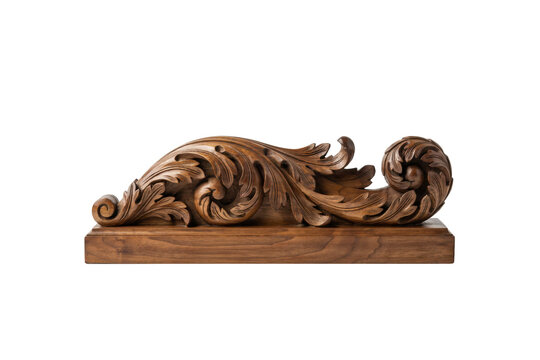 Ornate brown wooden carving featuring intricate acanthus leaf scrollwork patterns on a rectangular base isolated on a transparent background