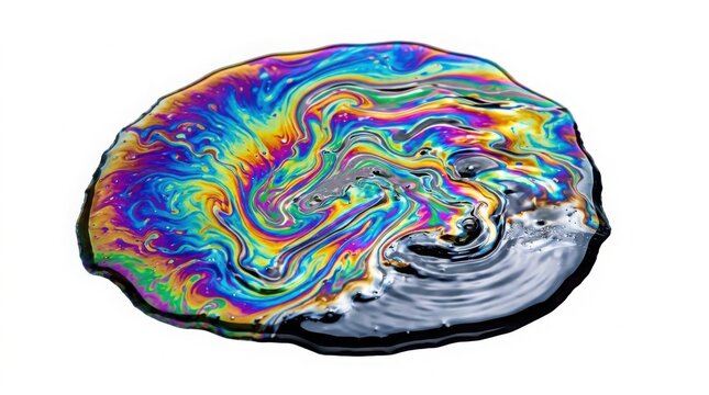 Iridescent oil slick puddle showing rainbow colors on a dark reflective surface with iridescent colorful reflection chemical pollution environment abstract phenomenon isolated background