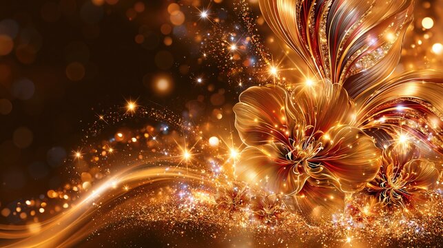 Growth concept with golden glowing flower and sparkles representing success and achievement