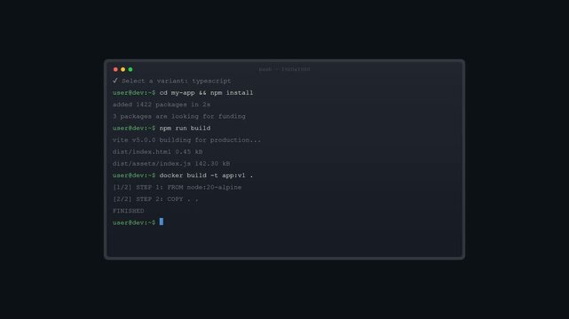 Software Developer Terminal showing Vite React Build Docker Containerization and Remote Server Management