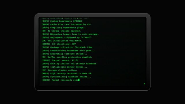 Retro Computer Terminal with Green Scrolling System Logs and Coding Data on Black Screen Background