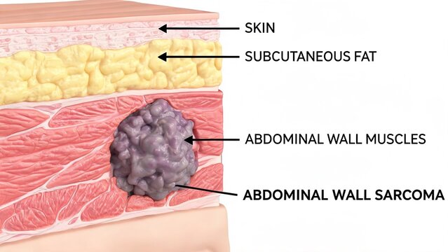 Cross‑section 3D medical illustration of abdominal wall sarcoma embedded within abdominal wall muscles