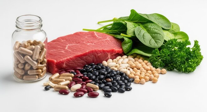 A variety of iron rich foods including fresh red meat, beans, green spinach, and parsley arranged next to a bottle of supplement capsules, beef, hemoglobin, superfood