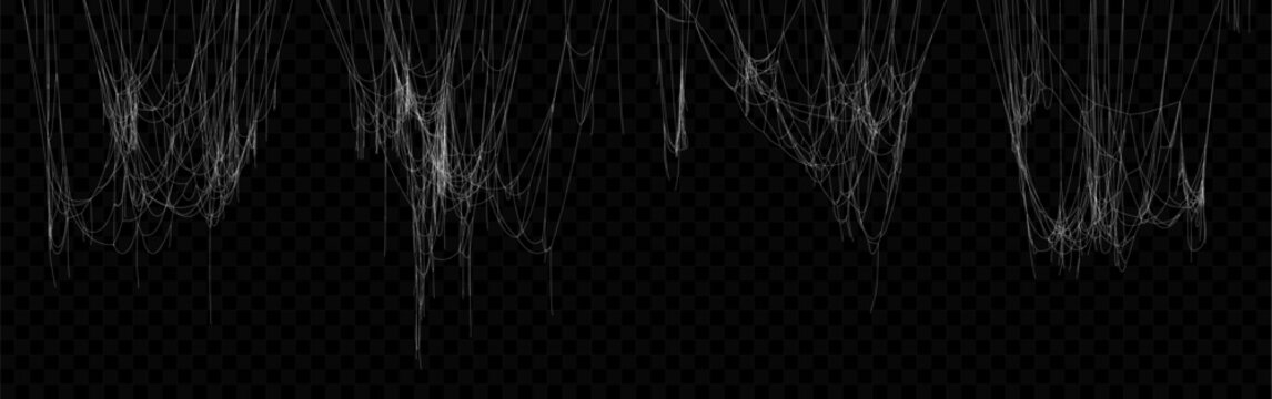 Set of Realistic Vector Hanging White Spider Web. Cobweb for Halloween Design.
