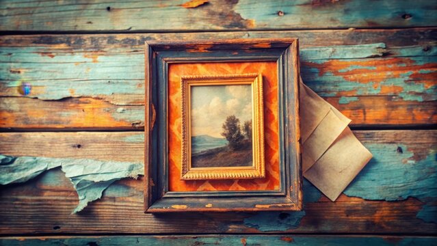 Vintage Frame with Landscape Painting on Rustic Wooden Surface