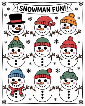 Set of cute snowman faces with winter hats and expressions for Christmas holiday snowman fun design