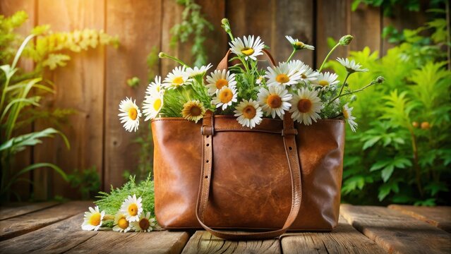 Brown Leather Bag Filled with Fresh Daisies on Rustic Wooden Table