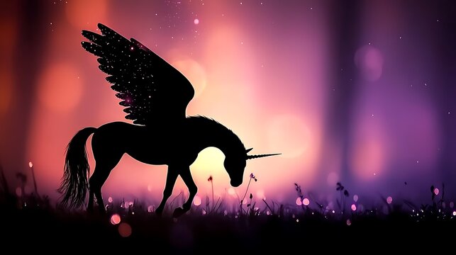 Winged unicorn silhouette on a vibrant pink and purple bokeh background, fantastical and magical