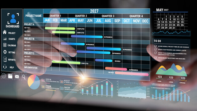 Innovative Dashboard Displaying Project Management Timeline with Colorful Gantt Chart and Data Analytics for Year 2027 Fluxor.