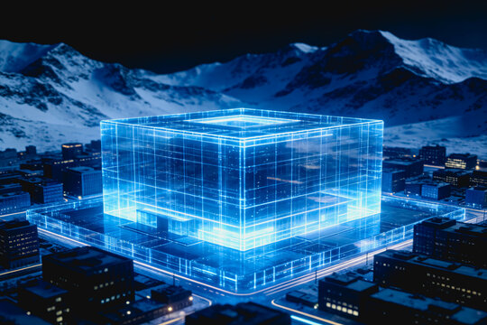 A glowing blue holographic wireframe building stands over a snowy urban nightscape with mountain ranges in the distance.