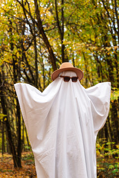 Playful ghost halloween costume White fabric drapes over the figure, while glasses and hat add personality charm. Colorful fall foliage tree trunks fallen leaves and natural woodland surroundings