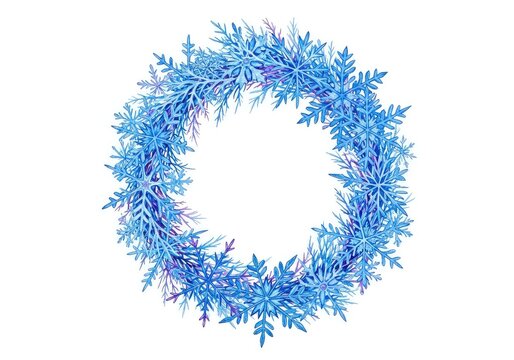 Artistic watercolor painting of a circular wreath made of intricate blue snowflakes and frost elements for festive winter celebrations, element, white, clipart