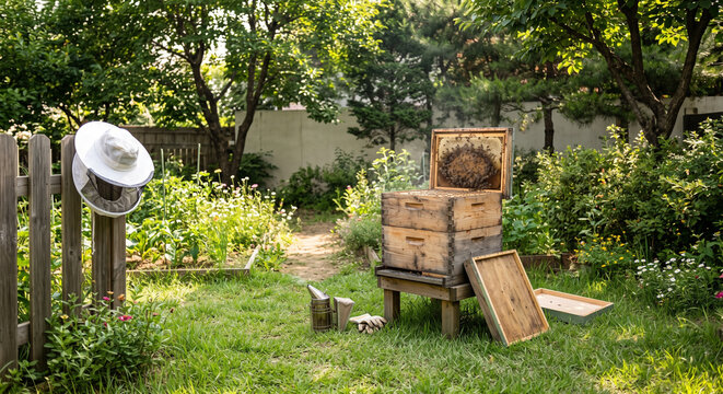 Backyard beehive box open for morning inspection