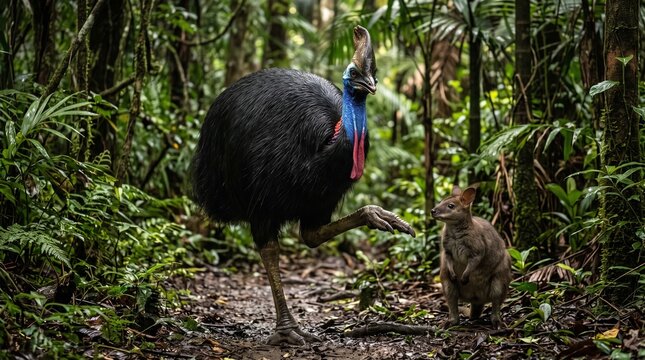 Cassowary and cat encounter in lush tropical rainforest setting