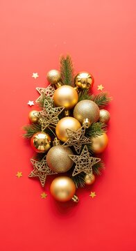 Decorazioni di Natale con palline dorate, stelle e rami di pino disposti in modo artistico su una superficie rossa intensa e luminosa, pigne, merry, dorato