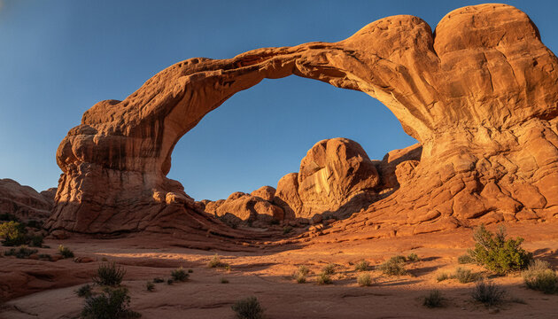 Natural sandstone arch in desert landscape at sunset