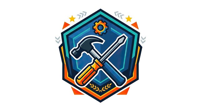 Crossed hammer and screwdriver tool icon inside a geometric blue shield emblem design.