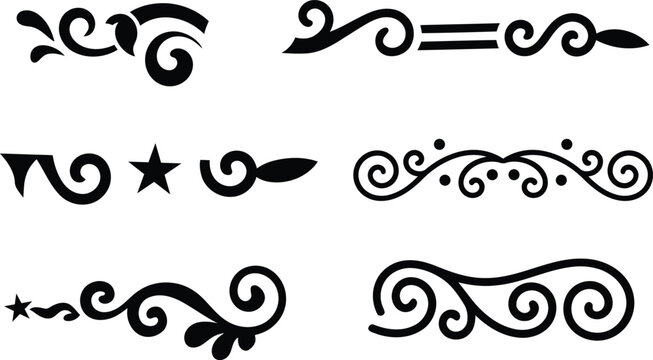 Set of Swirl Divider and Flourish Elements, Black Decorative Calligraphic Scrollwork Ornate Design Elements