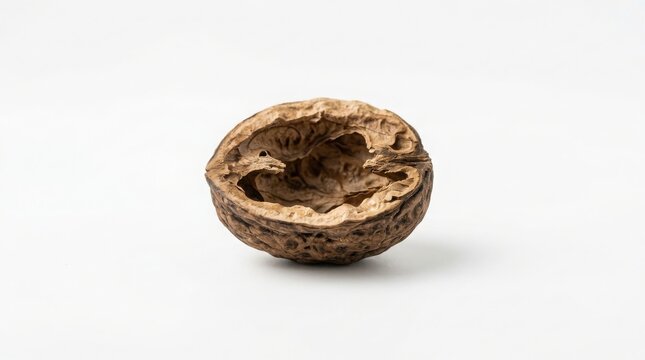 Half of an empty walnut shell showing texture against a white backdrop with nut shell dry shell brown shell nut fragment isolated object natural texture ingredient nutrition background