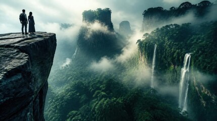 Naklejka premium Couple on cliff overlooking misty jungle with waterfalls and lush greenery.