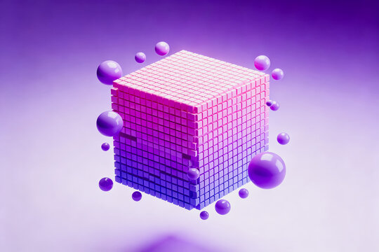 A 3D rendered pixel cube with pink-to-purple gradient, surrounded by glossy purple spheres against a soft gradient background.