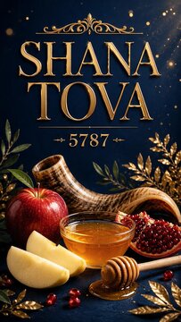 Shana Tova 5787 greeting card for Rosh Hashanah with shofar, apples, honey, and pomegranate on elegant dark background