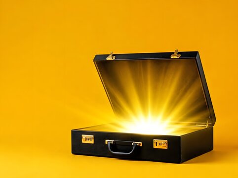 Open briefcase with golden light rays bursting out, business concept
