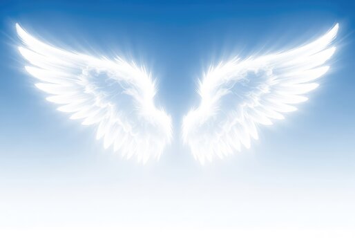 Ethereal white cloud formation in the shape of angelic wings glowing softly against a serene blue and white gradient background, abstract art, sunshine, glow, serenity