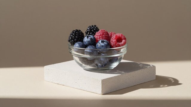 Fresh Mixed Berries in Glass Bowl on Minimalist Background