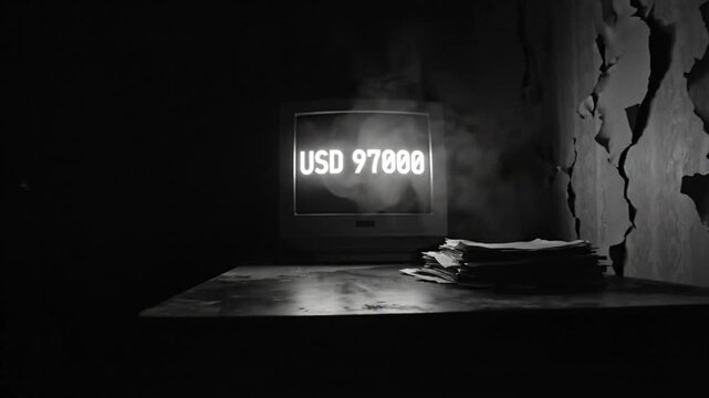 Spooky room with a retro computer screen displaying the sum of USD 97000 in grayscale with smoke