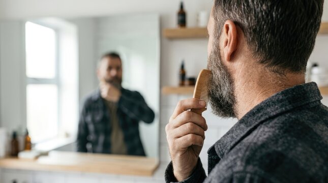 A man is combing his beard in front of a mirror. He is wearing a gray jacket and holding a wooden comb.