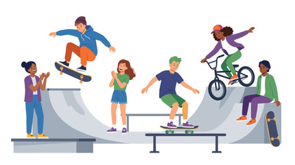 Fototapeta premium Diverse group of young people enjoying extreme sports at a skatepark